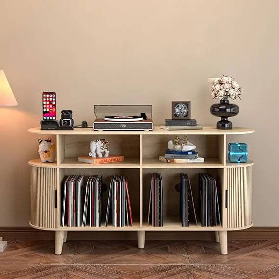 Large Round Record Player Stand with Charging Station and USB Ports Mid Century Modern Turntable Stand and Record Storage Cabinet