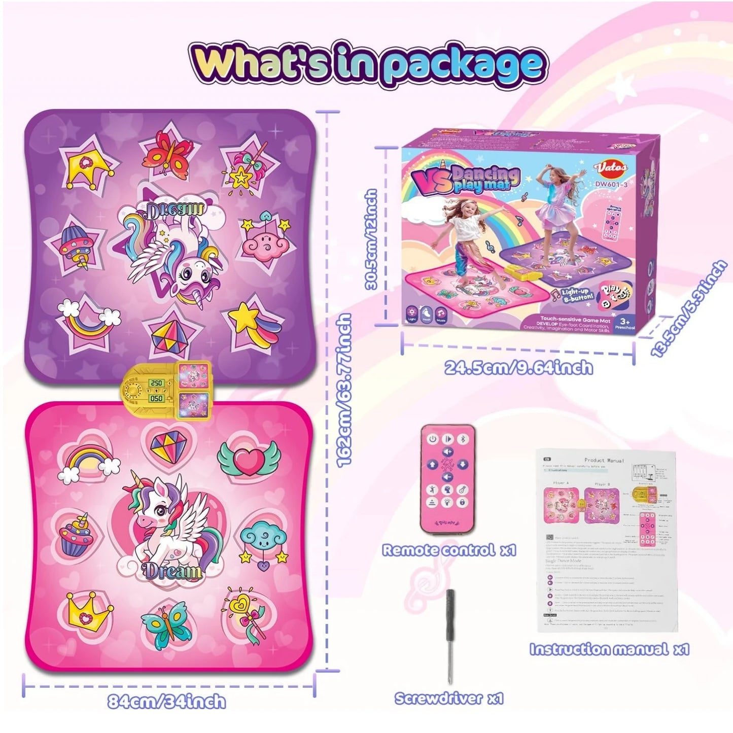 VATOS Double Dance Mat for Girls - 4 Game Modes & 9 Challenge Levels with Adjustable Volume Music Play Mat Birthday Gifts Toys