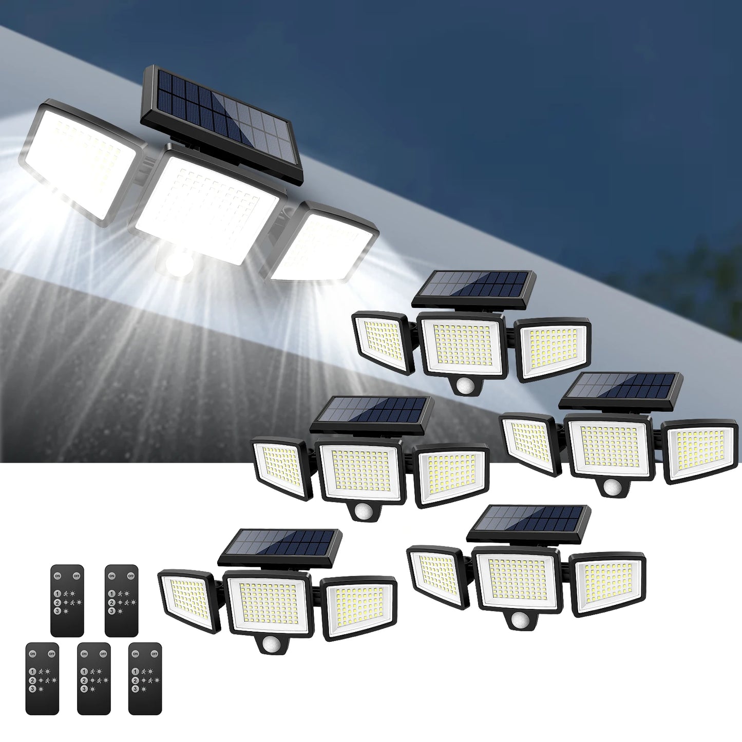 IP65 Waterproof Triple Head Outdoor Solar Light 210LED 2500LM Motion Sensor Safety Light for Porch Garage Yard Entrance Patio