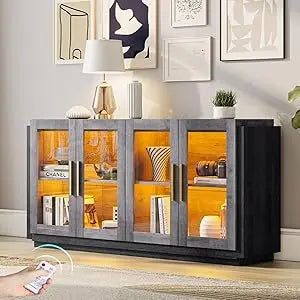 Sideboard Buffet Cabinet with LED Lights Modern Glass Doors Storage Cabinet Adjustable Shelf Mixed Color Accent Furniture