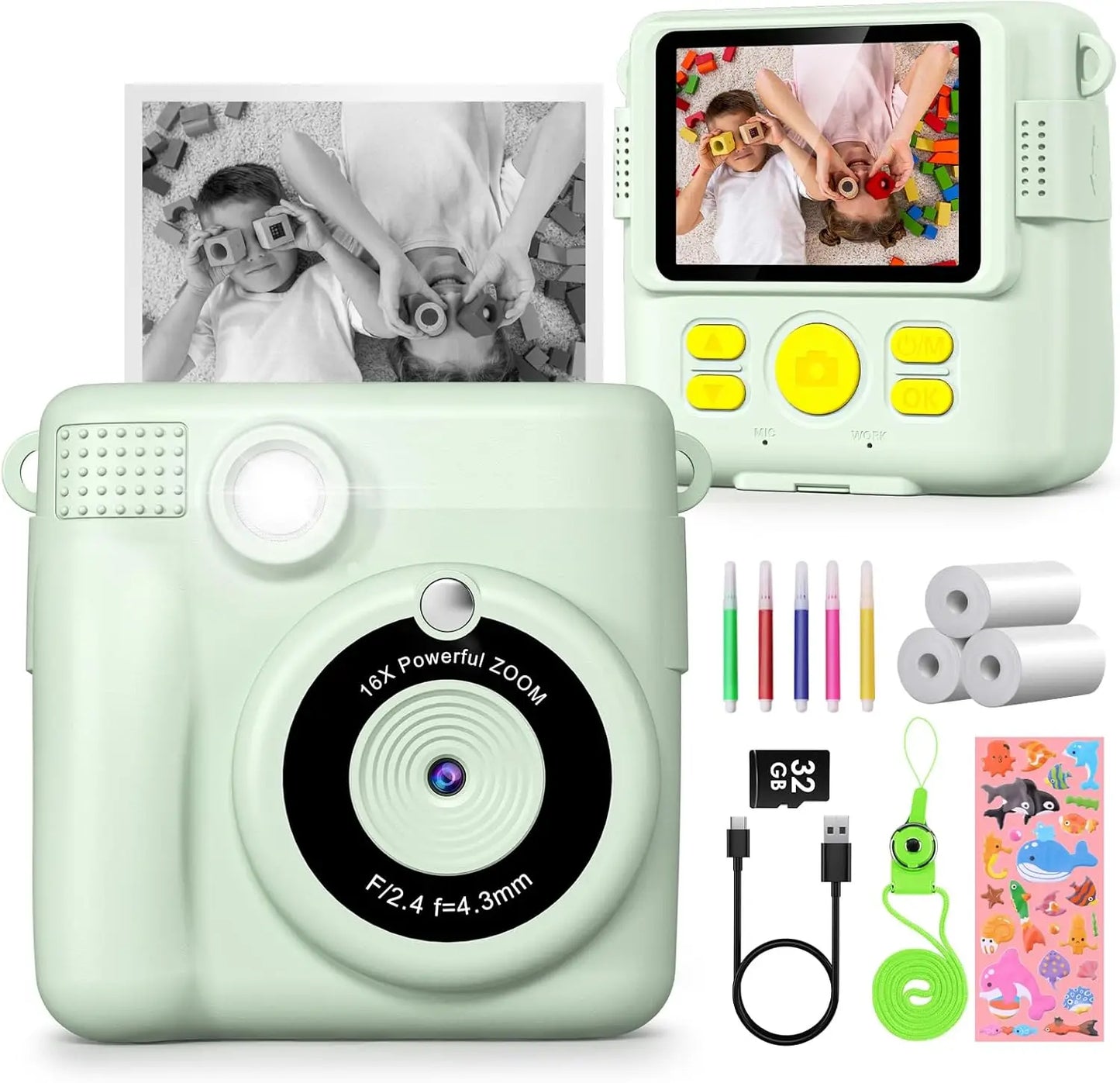 Kids Digital Camera 1080P HD Instant Print Portable Camera Toy with 32GB Card Gift for Boys and Girls Ages 3 to 12