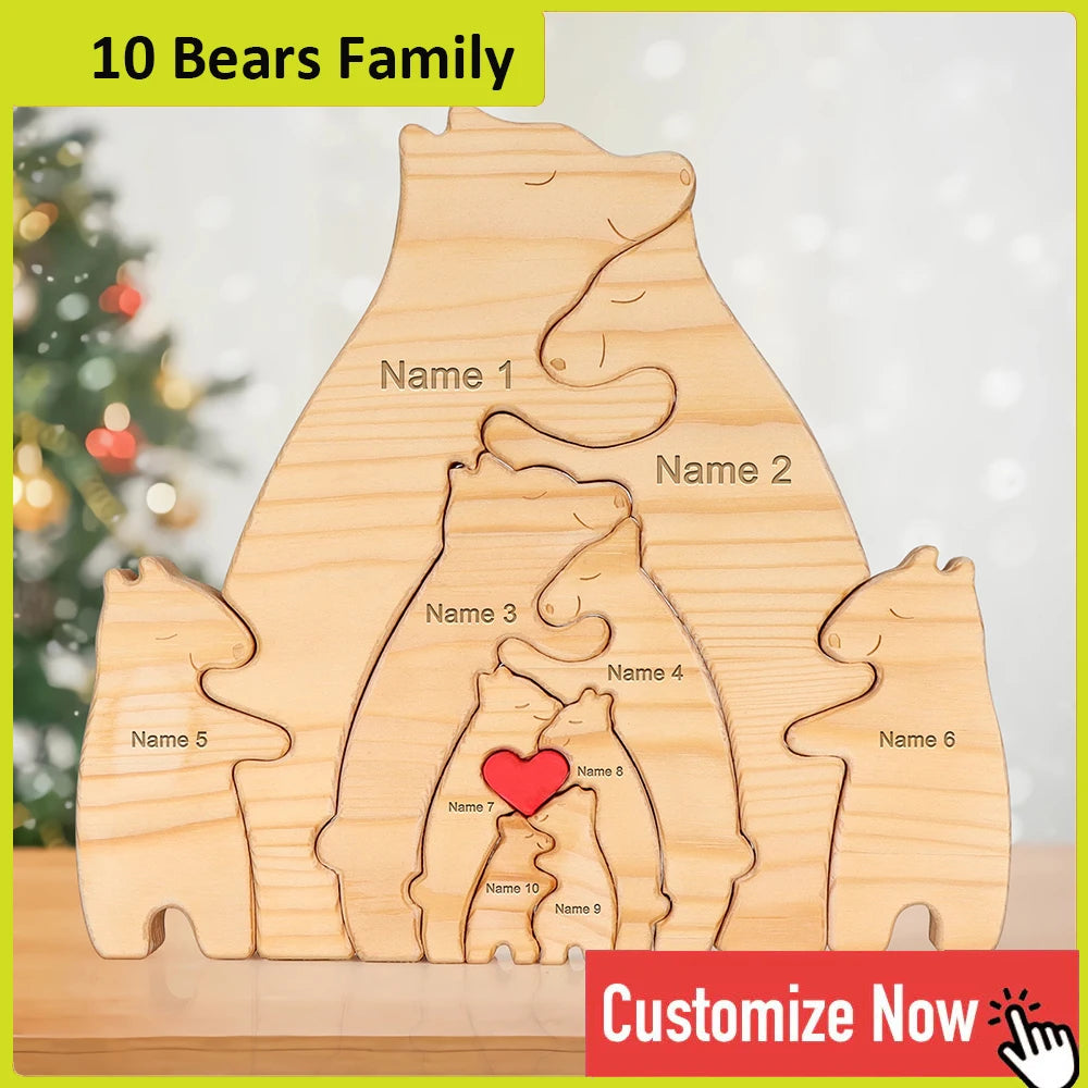 Personalized Custom Bear Family Wooden Puzzle DIY Free Engraving Name Desk Decor Figurine Christmas Birthday Gift