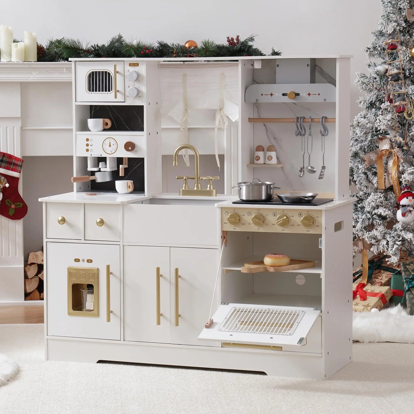 Robotime Wooden Play Kitchen Toy Set with Ice Maker and Coffee Machine Realistic Kitchen Gift for Toddlers