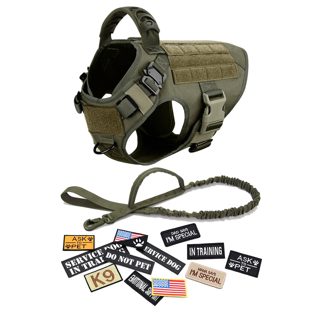 Military Large Dog Harness Collar Leash Bags Patches Set Tactical Vest for Malinois Training