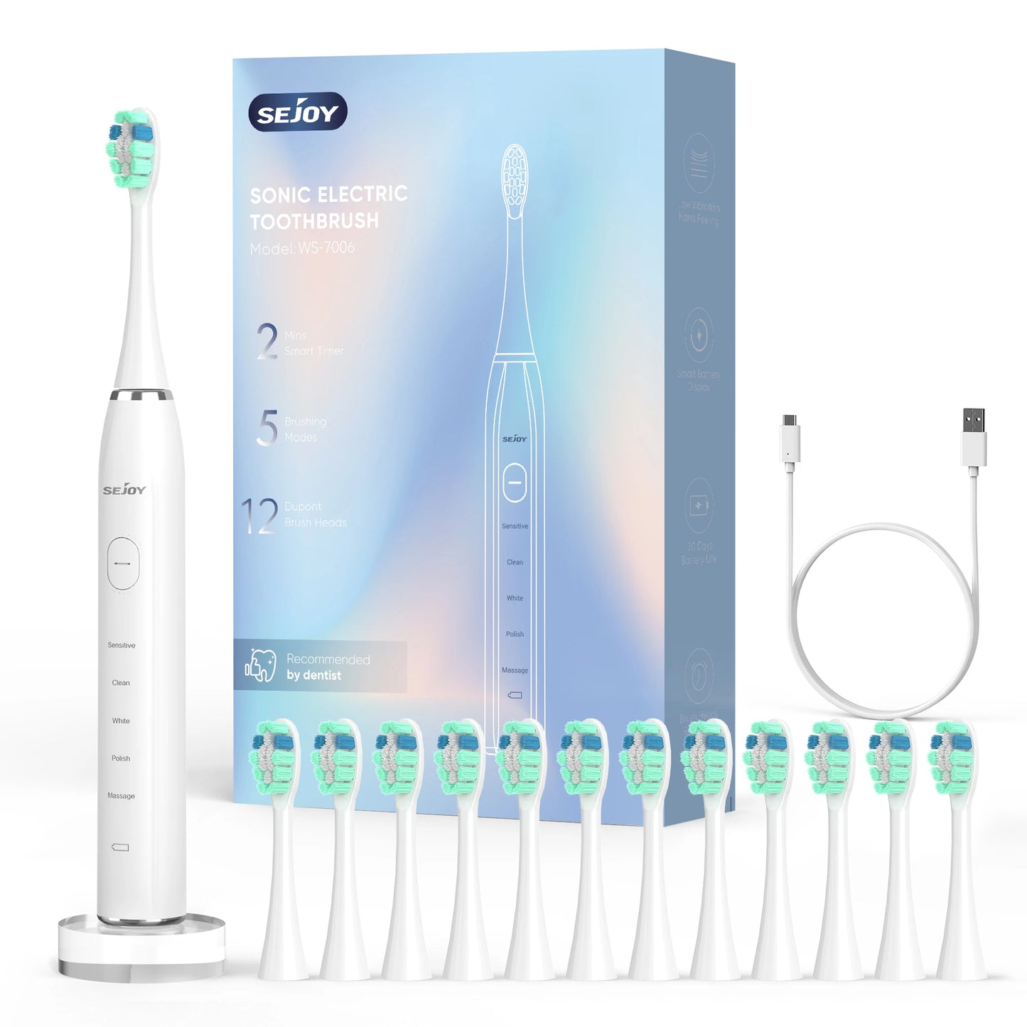 Sejoy USB Rechargeable Smart Electric Toothbrush 12 Heads