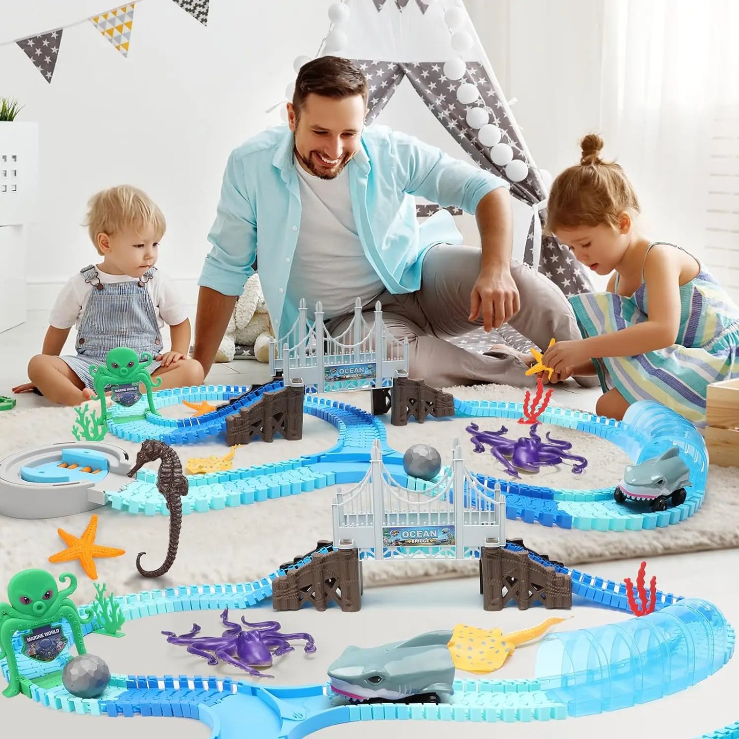Vatos Track Toys Shark Race Car Toy for Boys and Girls Age 3 Plus Bendable Flexible Racetrack Cars Ocean Train Toy STEM Educational Kid Set