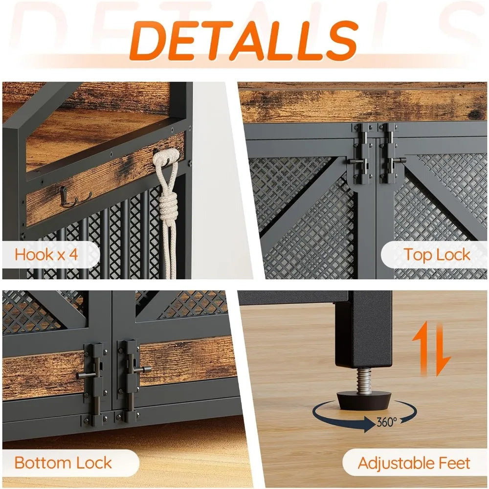 43.3 Inch Dog Crate Furniture with Storage Shelves and LED Light Heavy Duty Dog Kennel Indoor Wooden Dog Cage End Table with Hooks