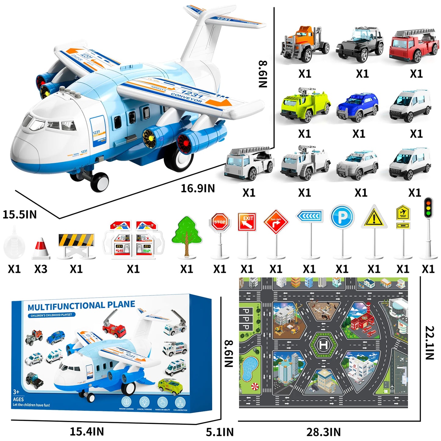 Airplane Kids Toys for Ages 4 to 8 Large Transport Spray Aeroplane with 10 Fire Truck Vehicles Birthday Gifts