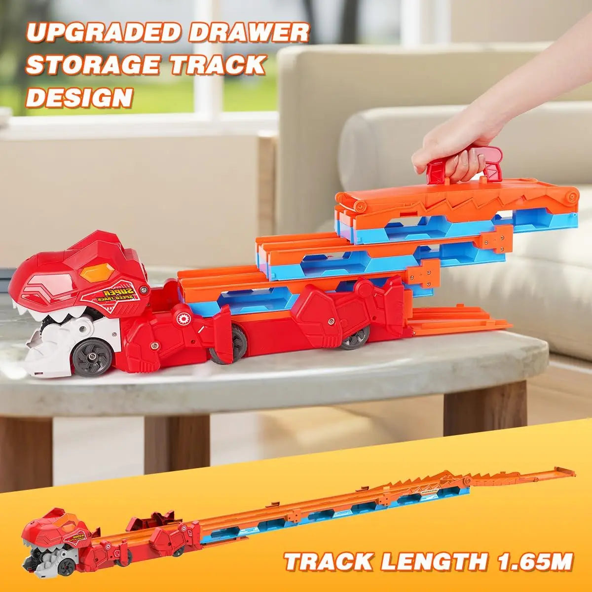 Dinosaur 3 In 1 Transport Truck Car Toys for Boys Age 3 Plus with 8 Race Cars Ejection Folding Portable Track Toy with Sound for Kids