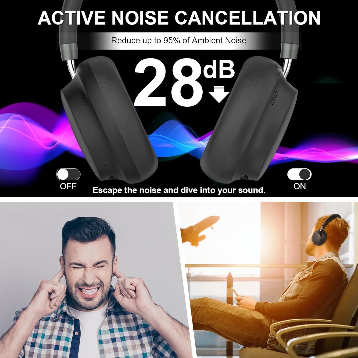 Tfun NC45 Bluetooth Active Noise Cancelling Headphones Comfortable Wireless Over Ear Headphones with Microphone Hi Res Audio