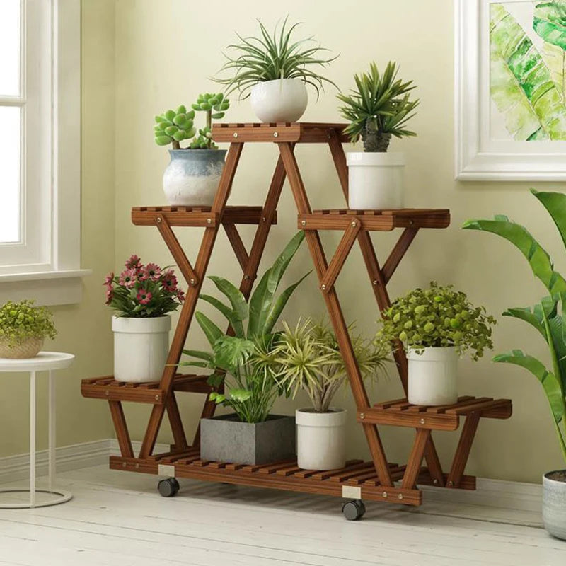 Triangular Plant Shelf 6 Tier Carbonized Wood Plant Holder Flower Pot Stand Display Storage Rack with Wheels for Garden