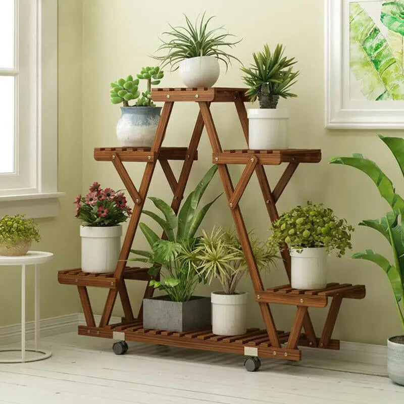 Triangular Plant Shelf 6 Tier Carbonized Wood Plant Holder Flower Pot Stand Display Storage Rack with Wheels for Garden
