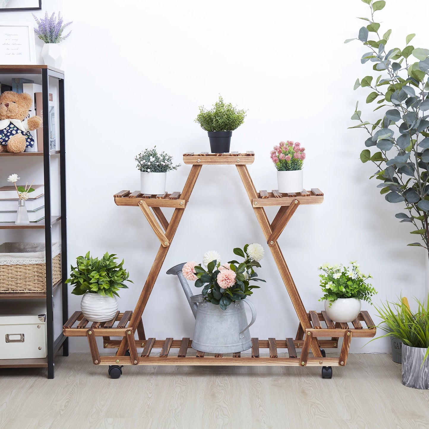 Triangular Plant Shelf 6 Tier Carbonized Wood Plant Holder Flower Pot Stand Display Storage Rack with Wheels for Garden