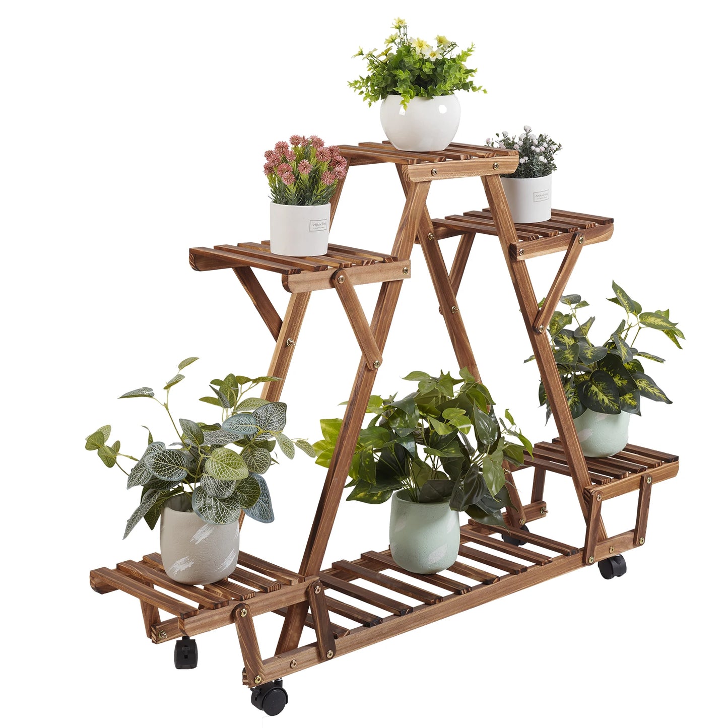 Triangular Plant Shelf 6 Tier Carbonized Wood Plant Holder Flower Pot Stand Display Storage Rack with Wheels for Garden