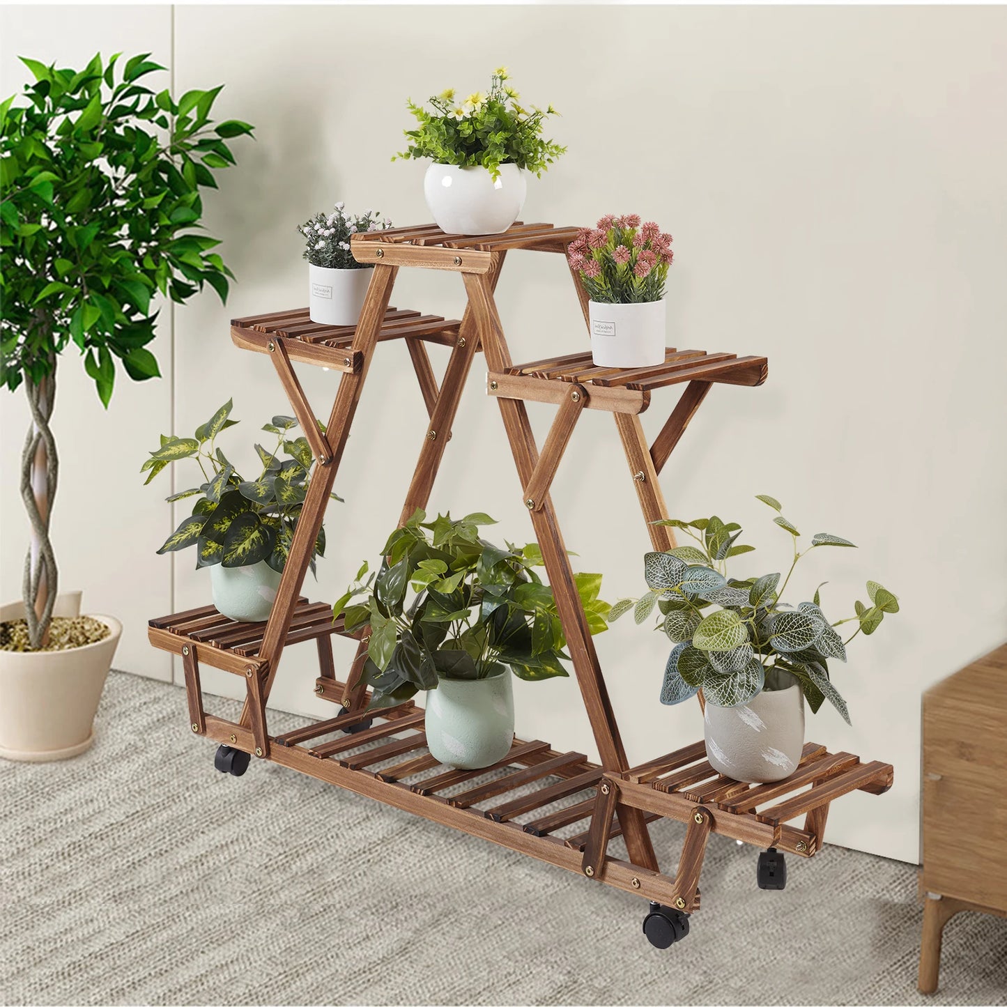Triangular Plant Shelf 6 Tier Carbonized Wood Plant Holder Flower Pot Stand Display Storage Rack with Wheels for Garden