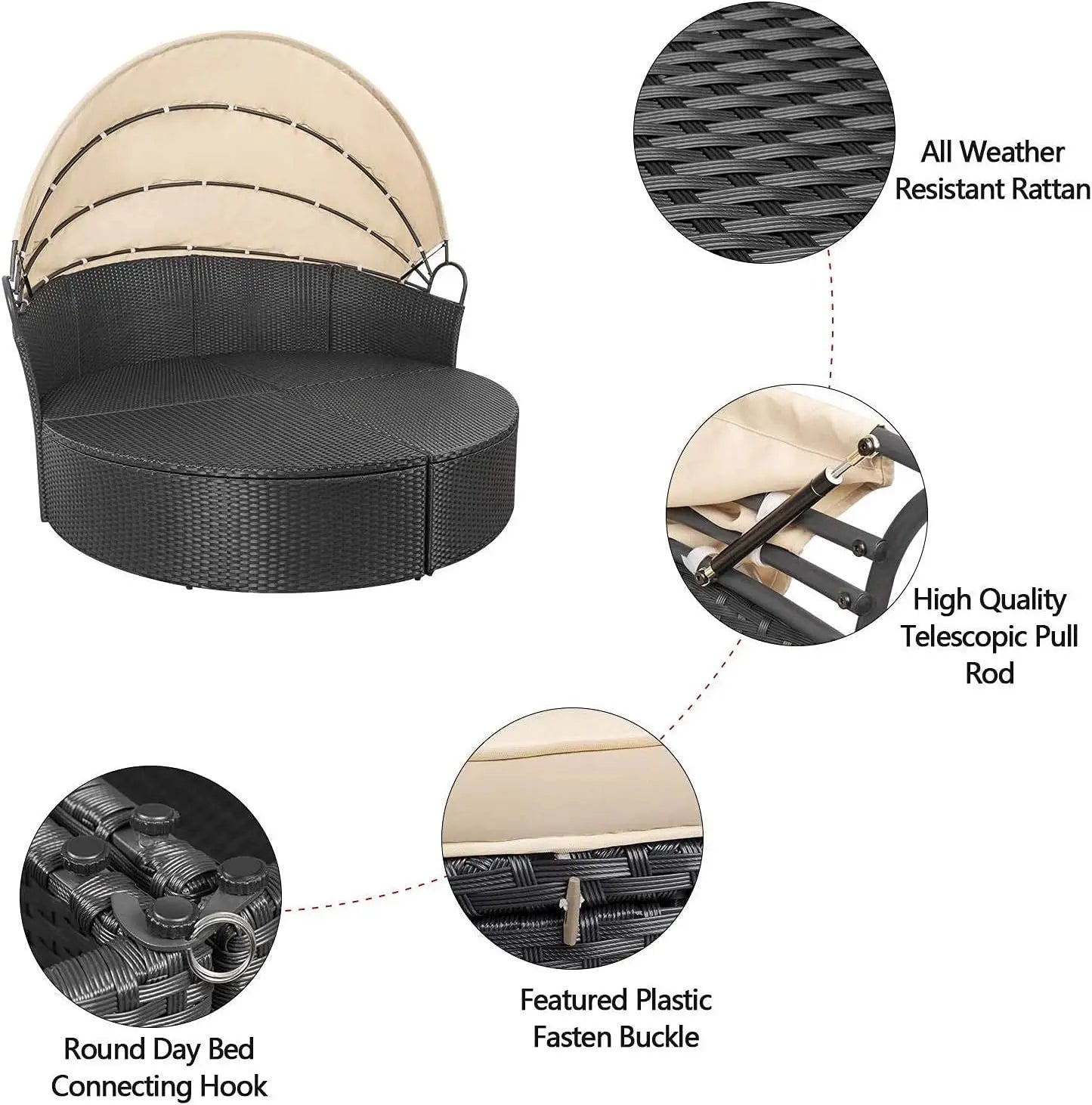 Patio Outdoor Daybed with Retractable Canopy Rattan Wicker Sectional Seating and Washable Cushions for Garden Backyard Porch