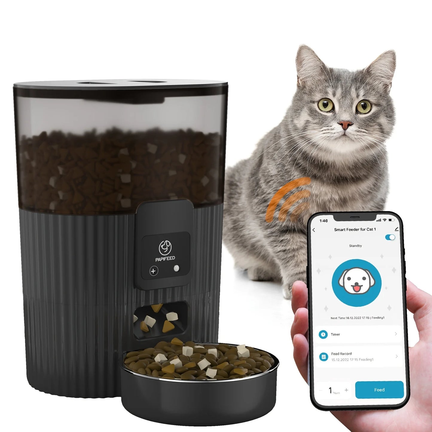 PAPIFEED Smart Automatic Pet Feeder with WiFi Remote for Cats and Dogs LCD Display Food Dispenser