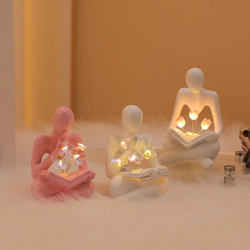 Desktop Thinker Sculpture Ornament Abstract Figure Statue Tulip Book Lamp Home Living Room Decoration Resin Crafts Birthday Gift