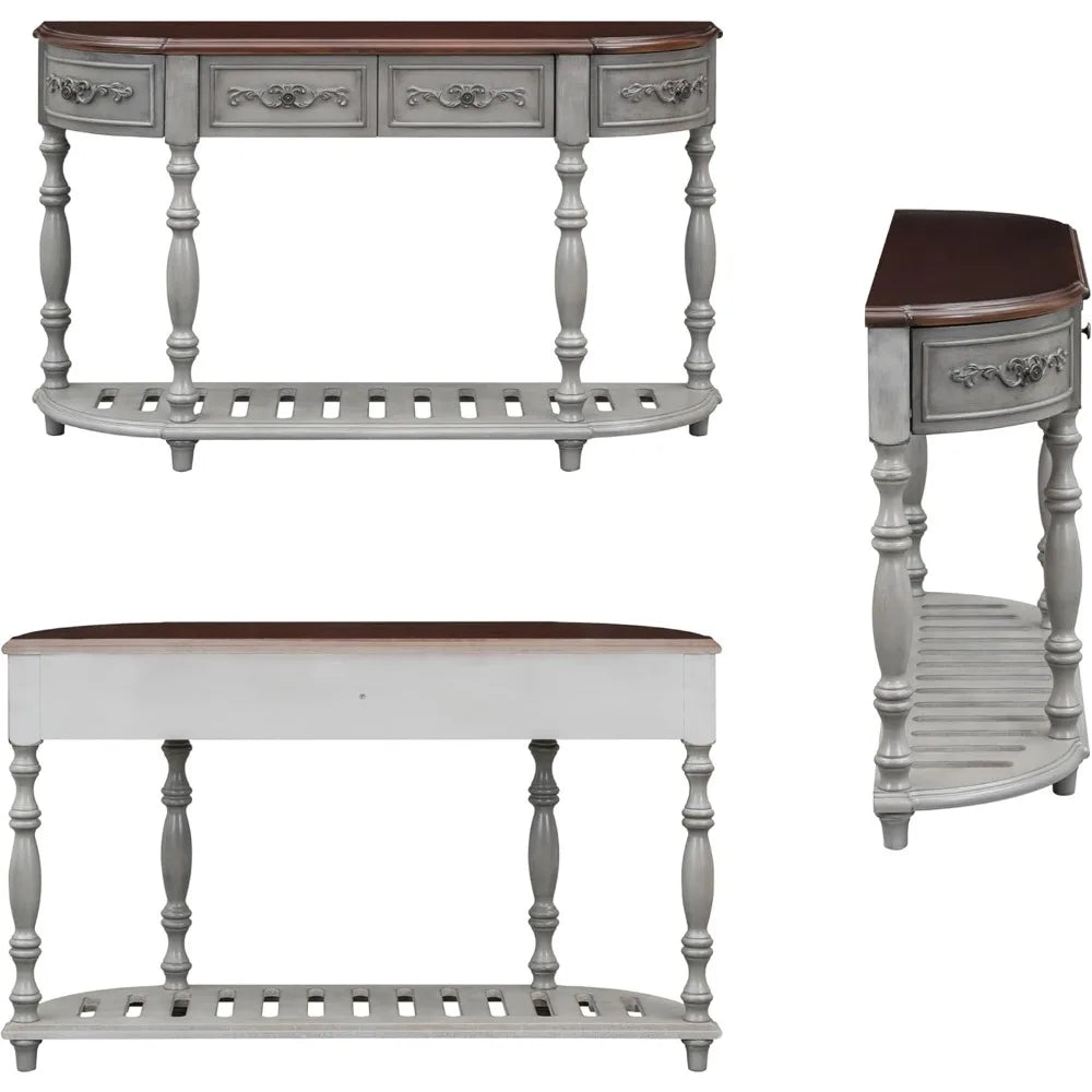 Retro Wood Curved Console Table 52 Inch Half Moon Hall Sofa Table with Drawers and Shelf for Living Room Entryway Furniture