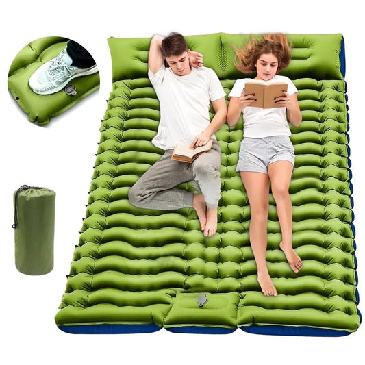 Double Camping Sleeping Pad Self Inflating 4 Inch Extra Thick for 2 Person with Built In Pillow and Foot Pump Inflatable Sleeping Mat