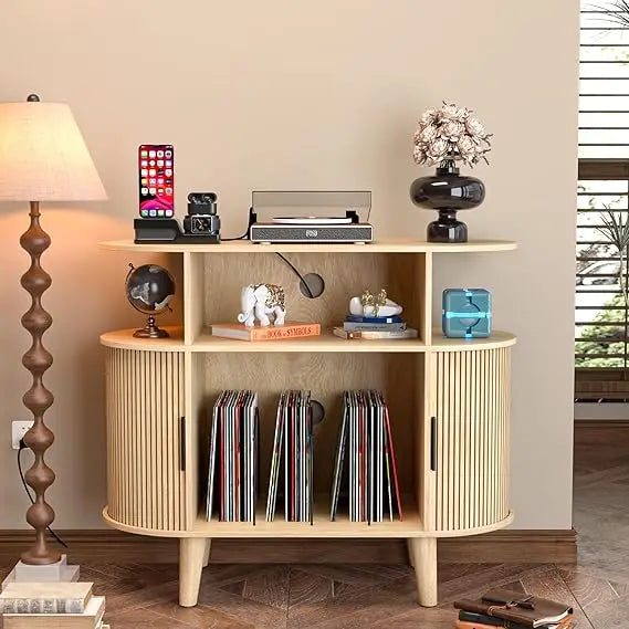 Large Round Record Player Stand with Charging Station and USB Ports Mid Century Modern Turntable Stand and Record Storage Cabinet