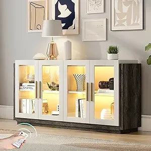 Sideboard Buffet Cabinet with LED Lights Modern Glass Doors Storage Cabinet Adjustable Shelf Mixed Color Accent Furniture