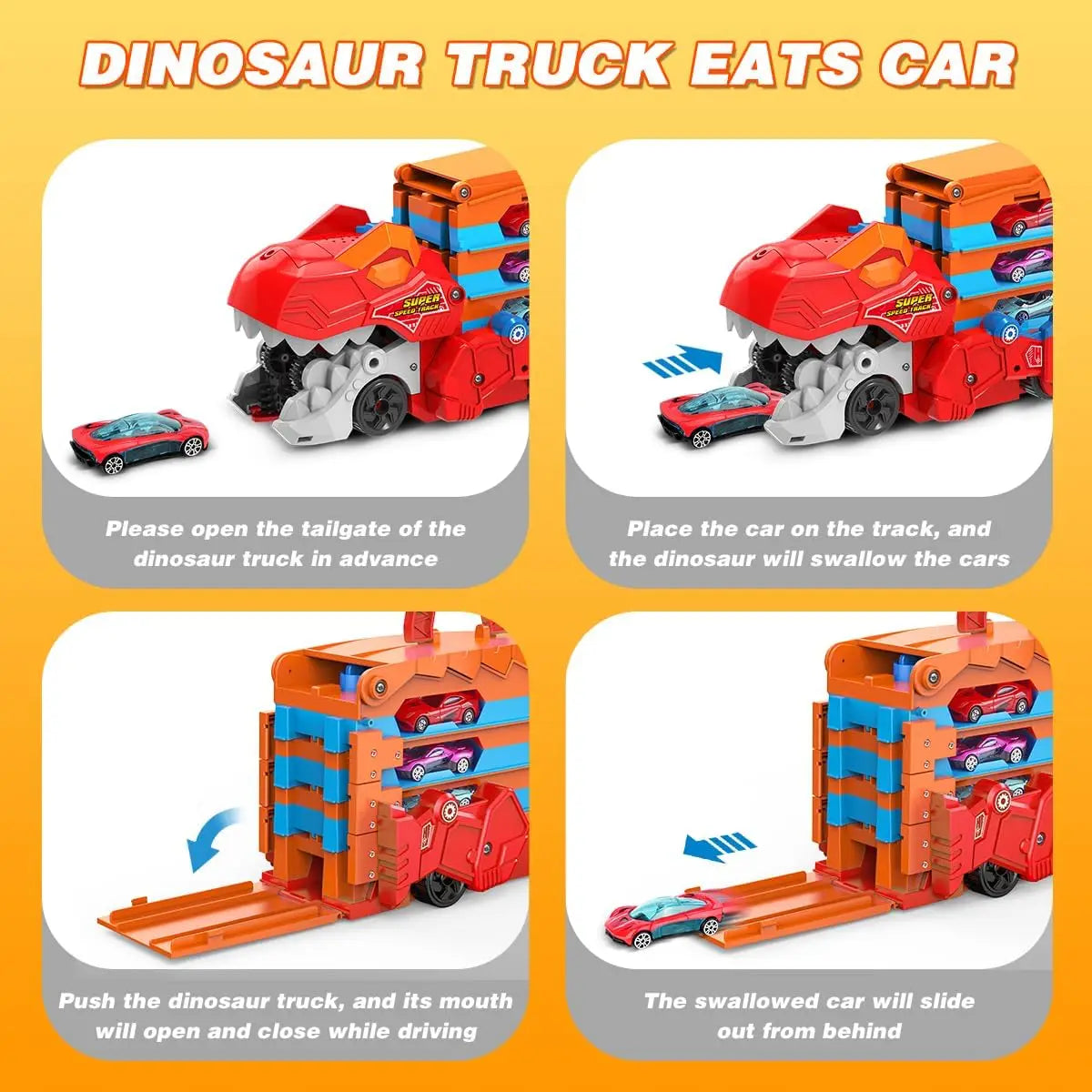 Dinosaur 3 In 1 Transport Truck Car Toys for Boys Age 3 Plus with 8 Race Cars Ejection Folding Portable Track Toy with Sound for Kids