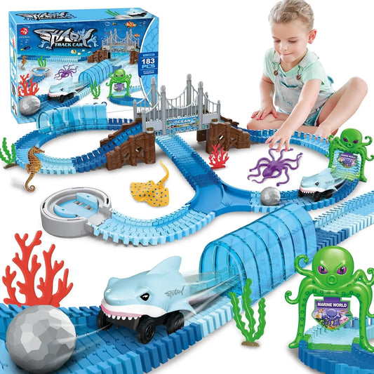 Vatos Track Toys Shark Race Car Toy for Boys and Girls Age 3 Plus Bendable Flexible Racetrack Cars Ocean Train Toy STEM Educational Kid Set