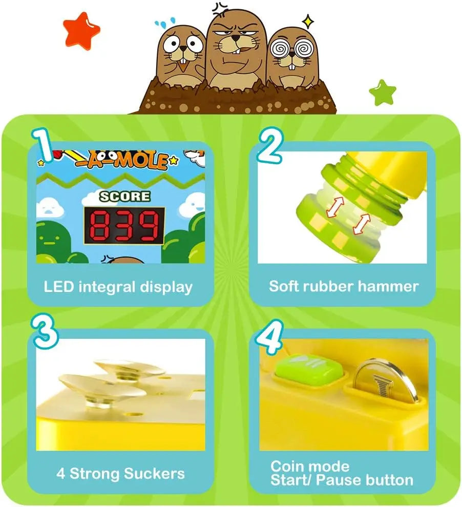 VATOS Mini Coin Operated Arcade Game Bank with Two Hammers Interactive Electronic Developmental Toy for Kids Ages Three to Six