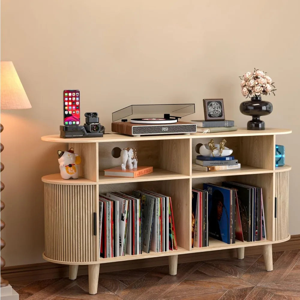 Large Round Record Player Stand with Charging Station and USB Ports Mid Century Modern Turntable Stand and Record Storage Cabinet
