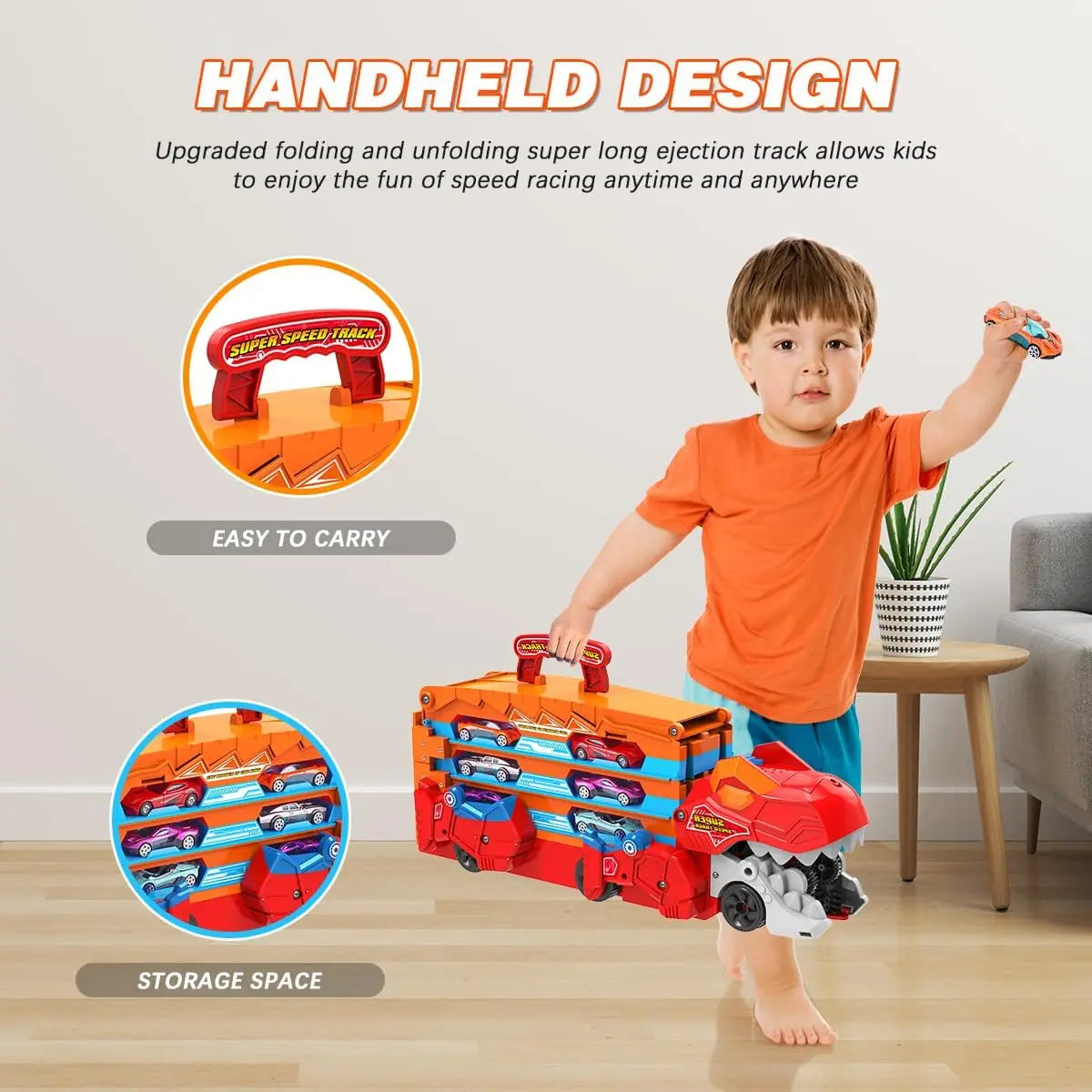 Dinosaur 3 In 1 Transport Truck Car Toys for Boys Age 3 Plus with 8 Race Cars Ejection Folding Portable Track Toy with Sound for Kids