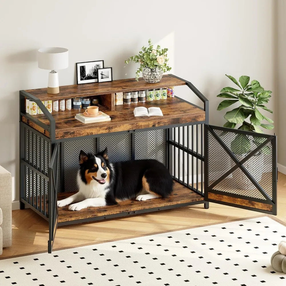 43.3 Inch Dog Crate Furniture with Storage Shelves and LED Light Heavy Duty Dog Kennel Indoor Wooden Dog Cage End Table with Hooks