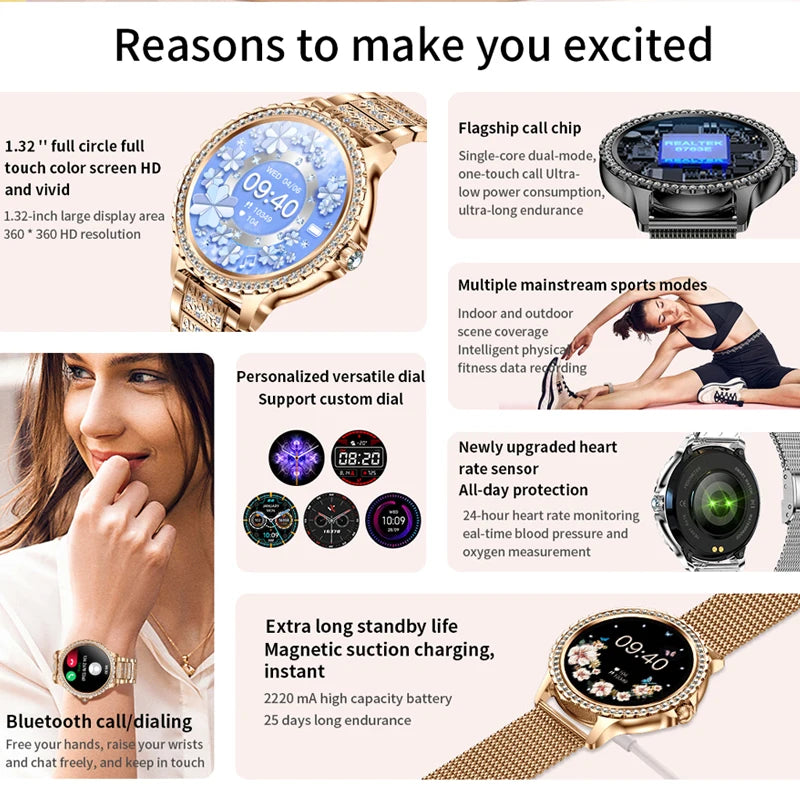 Xiaomi Mijia Women's Smart Watch with True Blood Oxygen Monitoring 1.32 Inch HD Screen Diamond Bracelet Bluetooth Call Smartwatch for Ladies