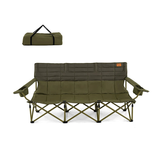 3 Person Folding Camping Chair Heavy Duty Camp Couch with 2 Cup Holders and Padding