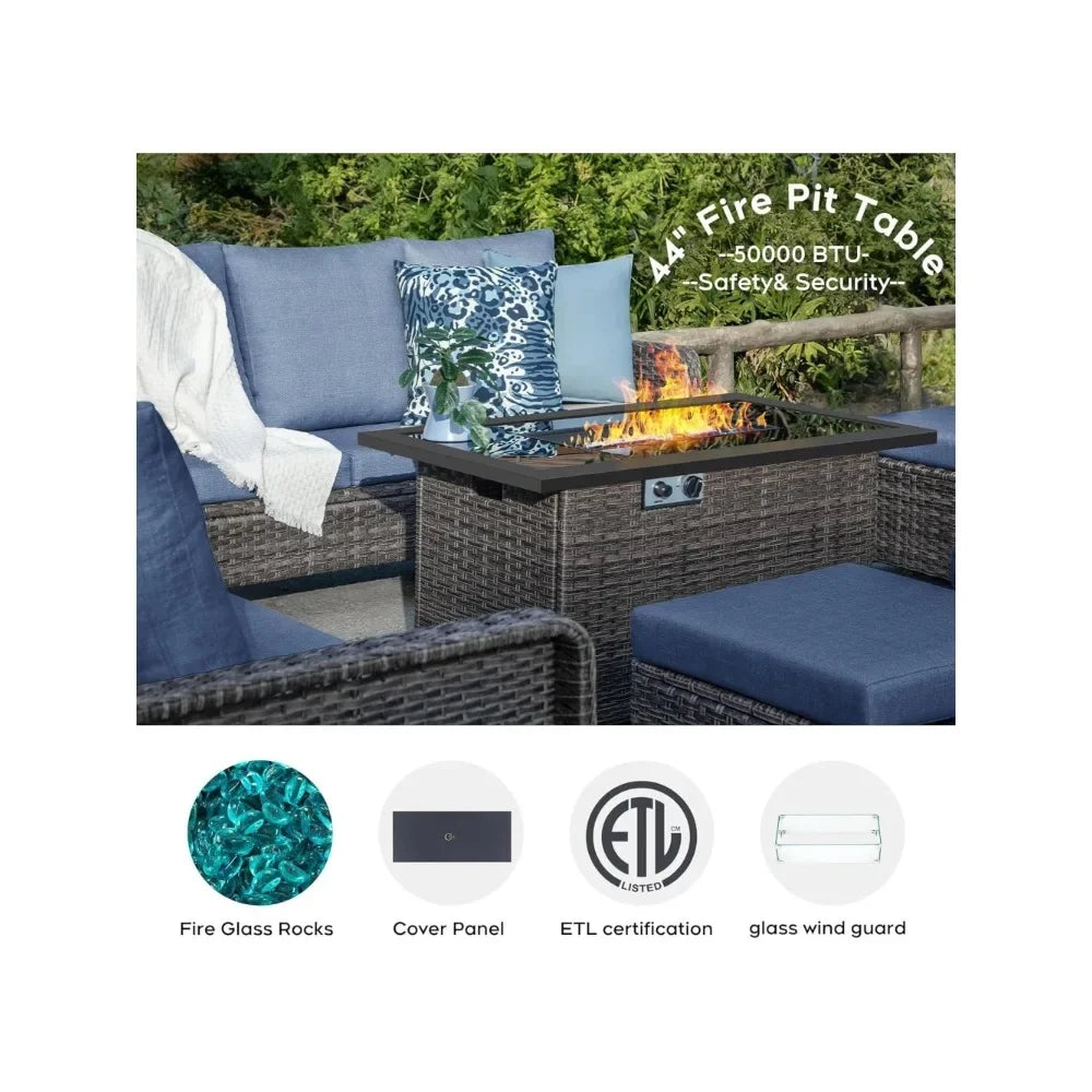6 Piece Patio Furniture Set with Fire Pit Table 44 Inch Backyard Furniture with Swivel Chairs Loveseats and Ottoman Outdoor Patio