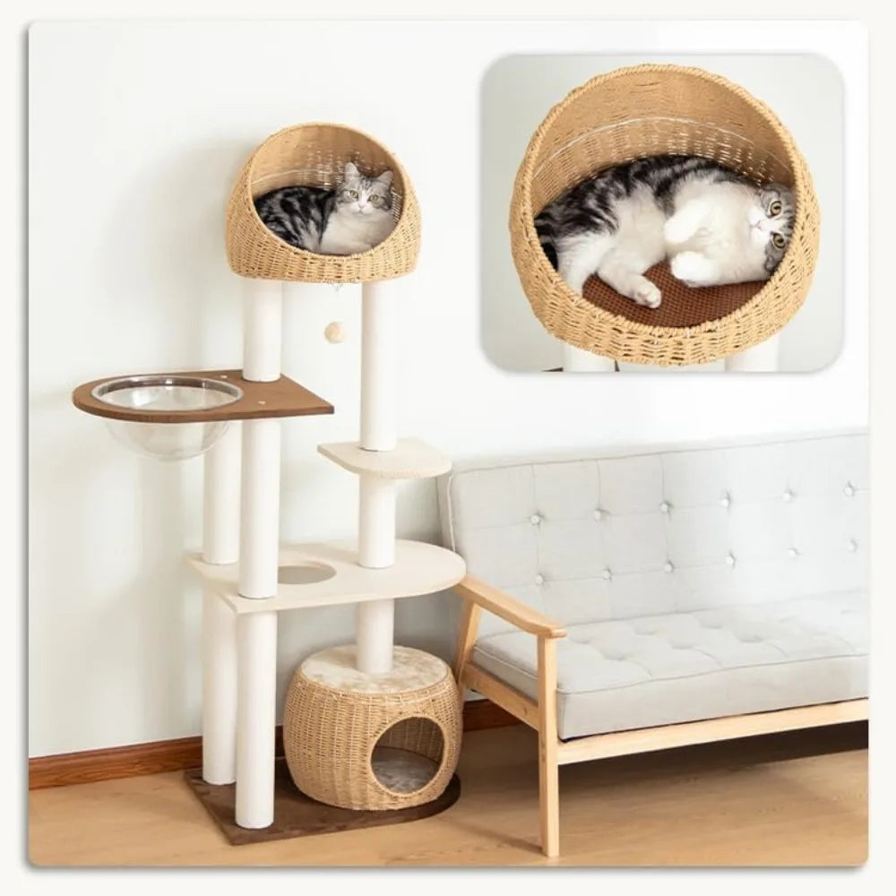 Wood Cat Tower 60 Inch with Woven Beds 5 Level Natural Cat Condo with Sisal Posts and Clear Bubble Lounge Multi Level Cat Furniture