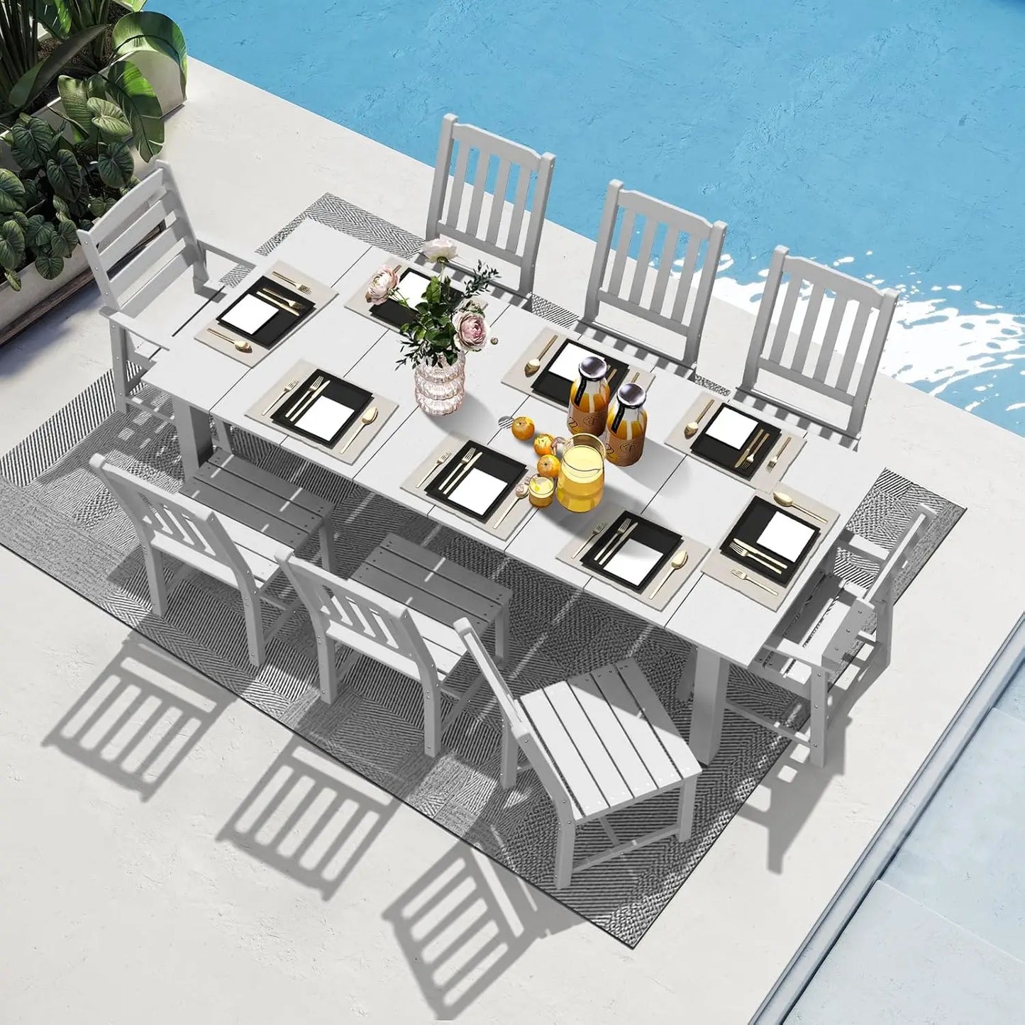 9 Pieces Patio Dining Set Outdoor HDPE Furniture Set with 2 Inch Hole Cut Out Dining Table and 8 Patio Chairs