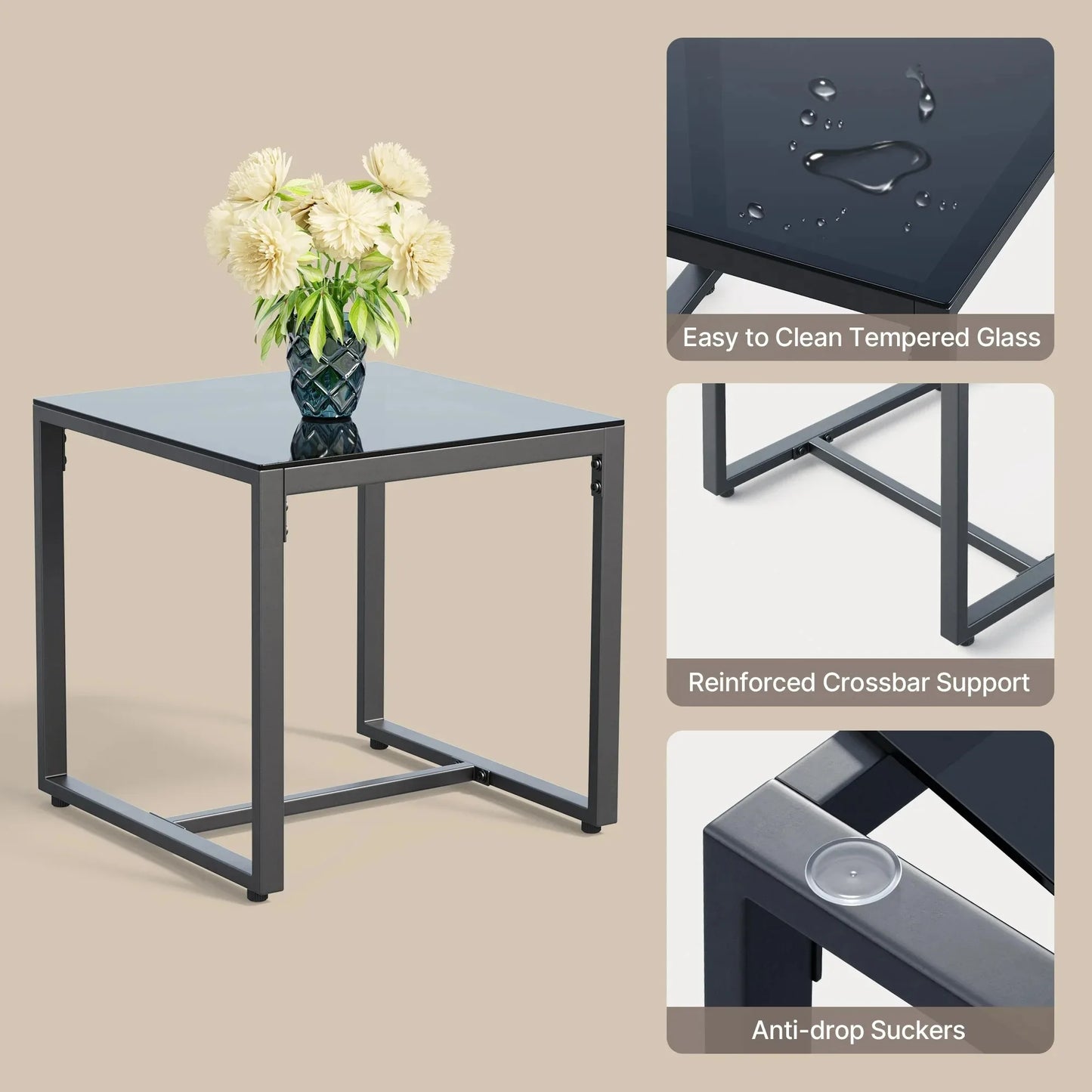 3 Piece Patio Chairs Set with Glass Coffee Table Outdoor Rattan Furniture Set for Garden Porch Bistro Yard Gray Cushion