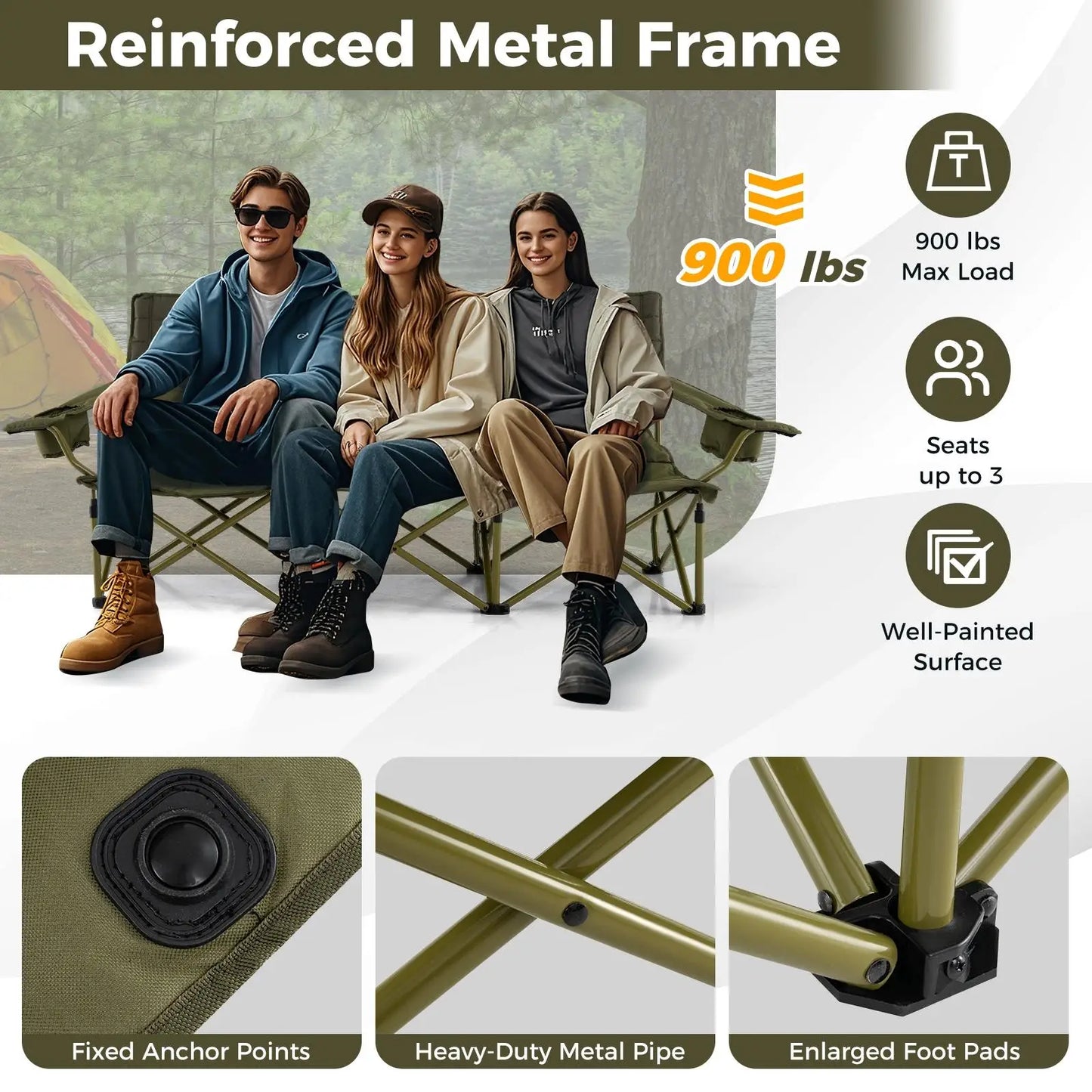 3 Person Folding Camping Chair Heavy Duty Camp Couch with 2 Cup Holders and Padding