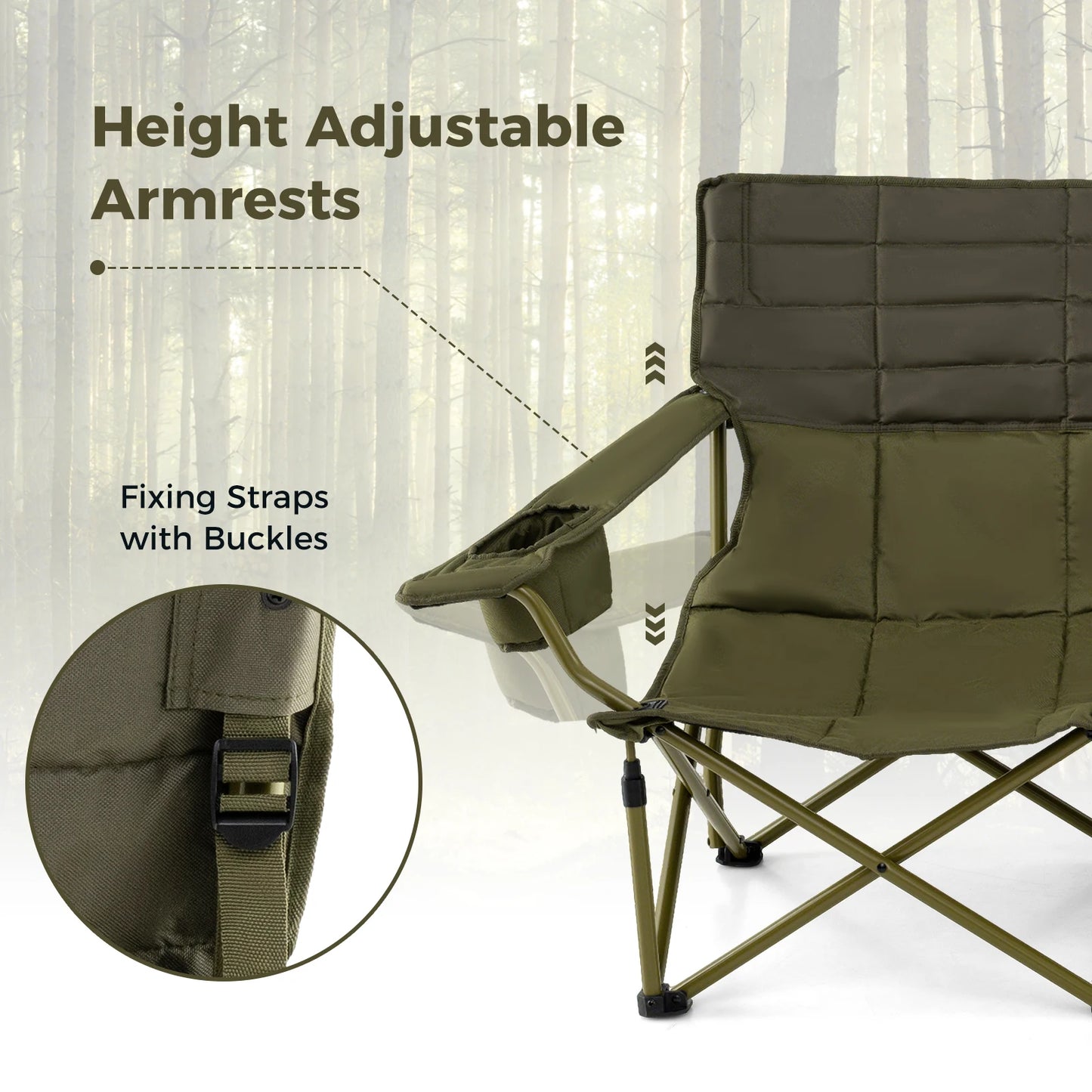 3 Person Folding Camping Chair Heavy Duty Camp Couch with 2 Cup Holders and Padding