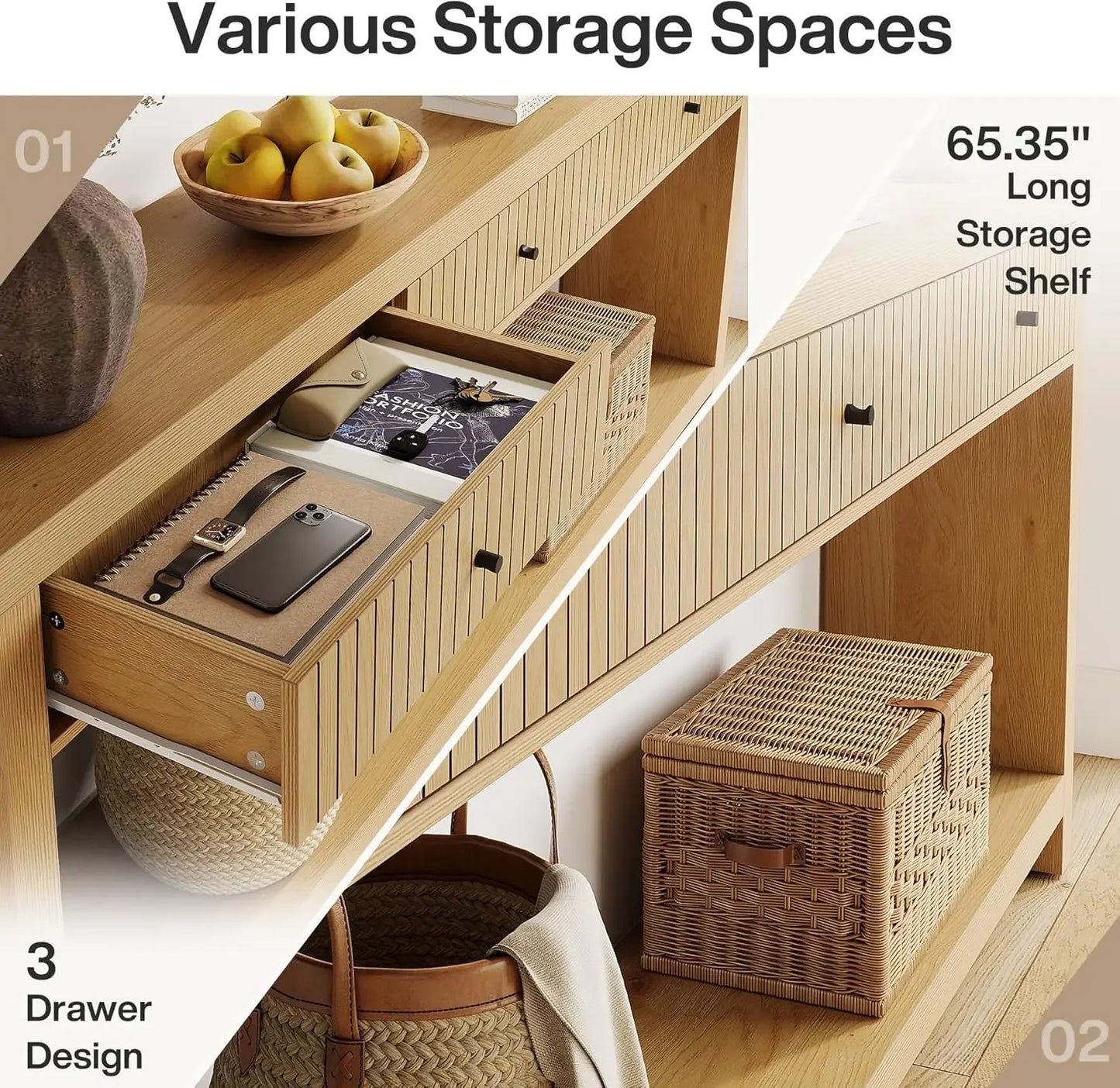 Wood Console Table with Drawers Long Entryway Table 70.9 Inch Sofa Table Oak Furniture with Open Storage Shelves Wooden Couch Table Foyer Tables for Living Room Hallway Entrance