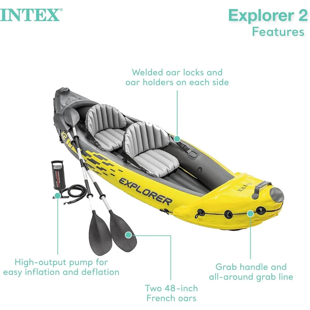 68307EP Explorer K2 Inflatable Kayak Set with Deluxe 86 Inch Aluminum Oars and High Output Pump Super Strong PVC