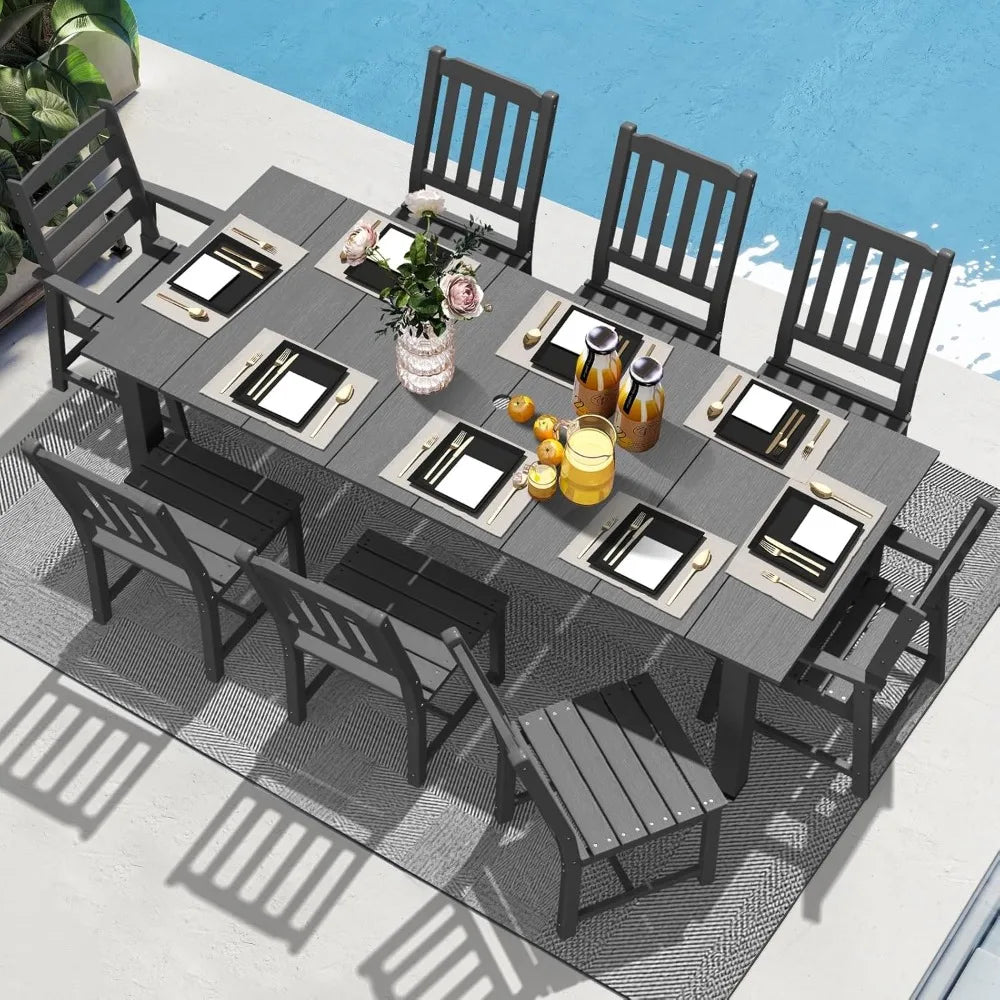 9 Pieces Patio Dining Set Outdoor HDPE Furniture Set with 2 Inch Hole Cut Out Dining Table and 8 Patio Chairs