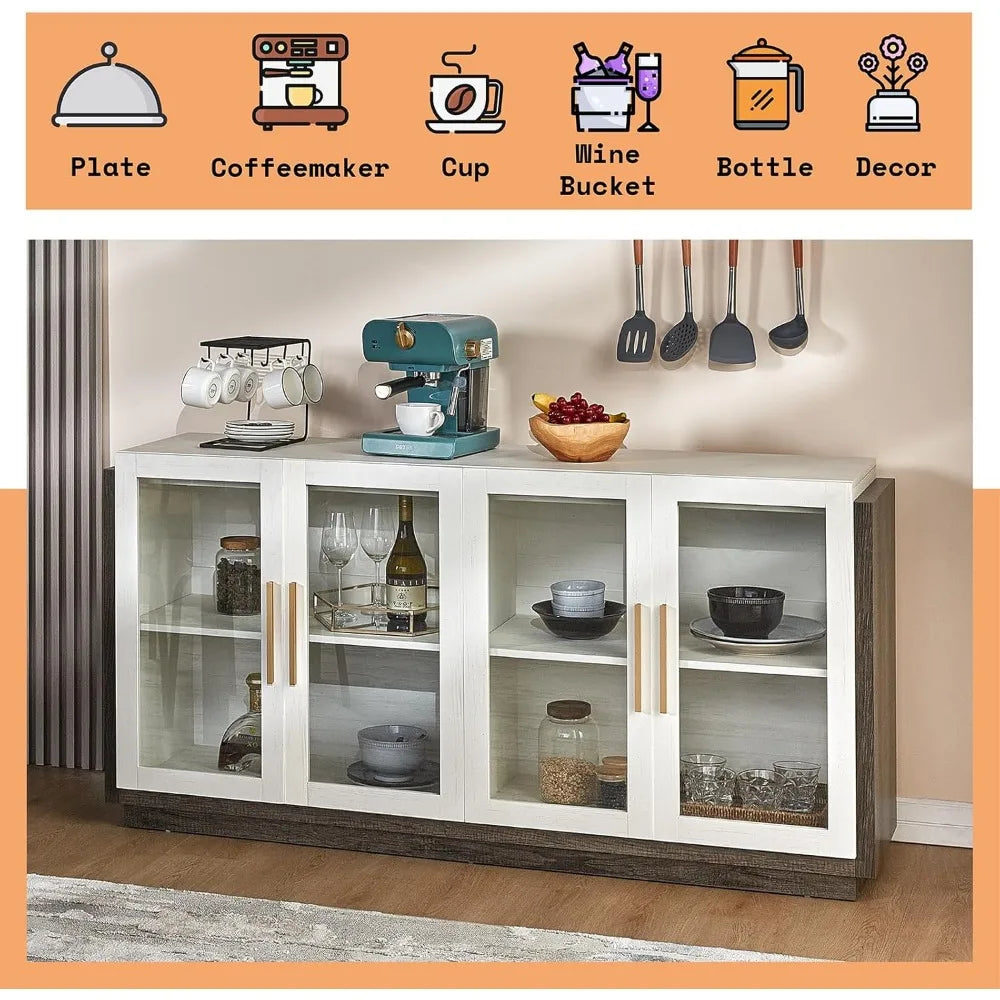 Sideboard Buffet Cabinet with LED Lights Modern Glass Doors Storage Cabinet Adjustable Shelf Mixed Color Accent Furniture