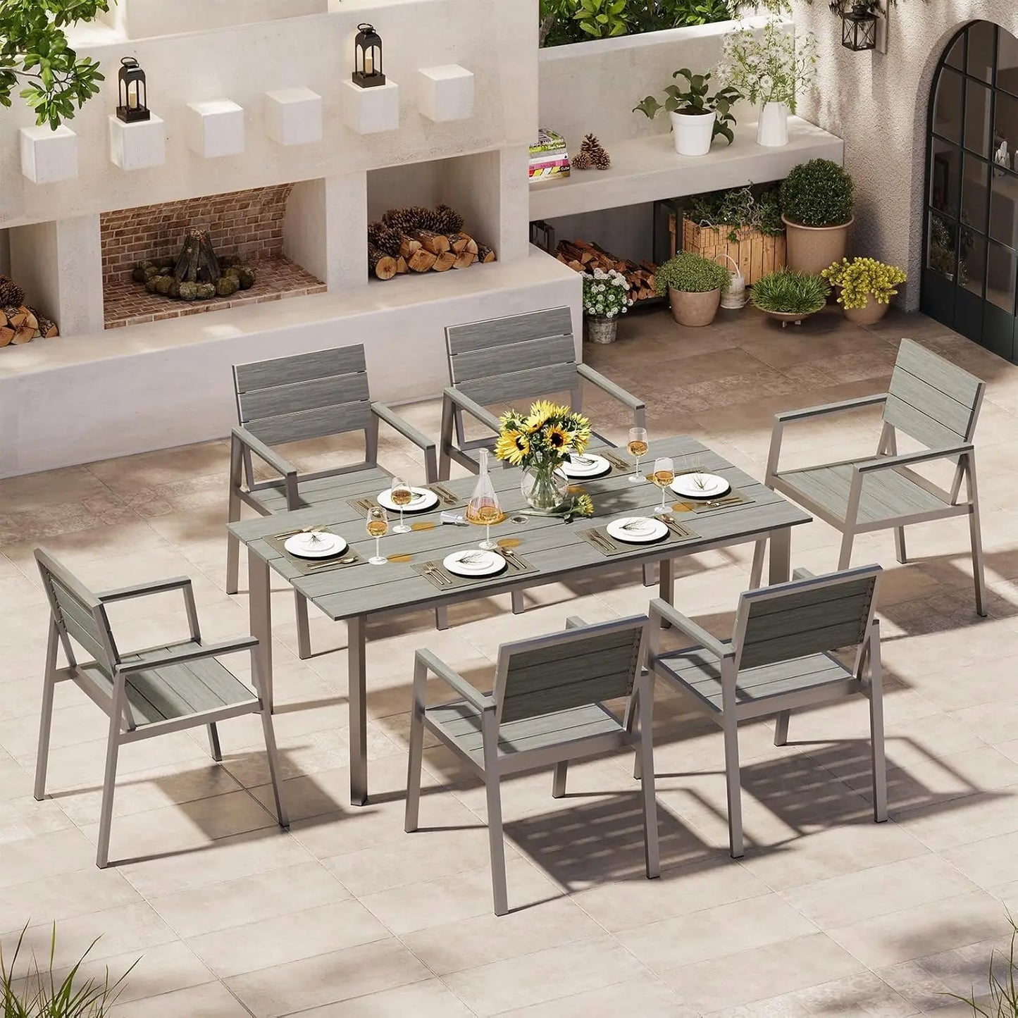 Outdoor Dining Set for 6 with Umbrella Hole 7 Pieces HDPS Patio Table and Chairs Set