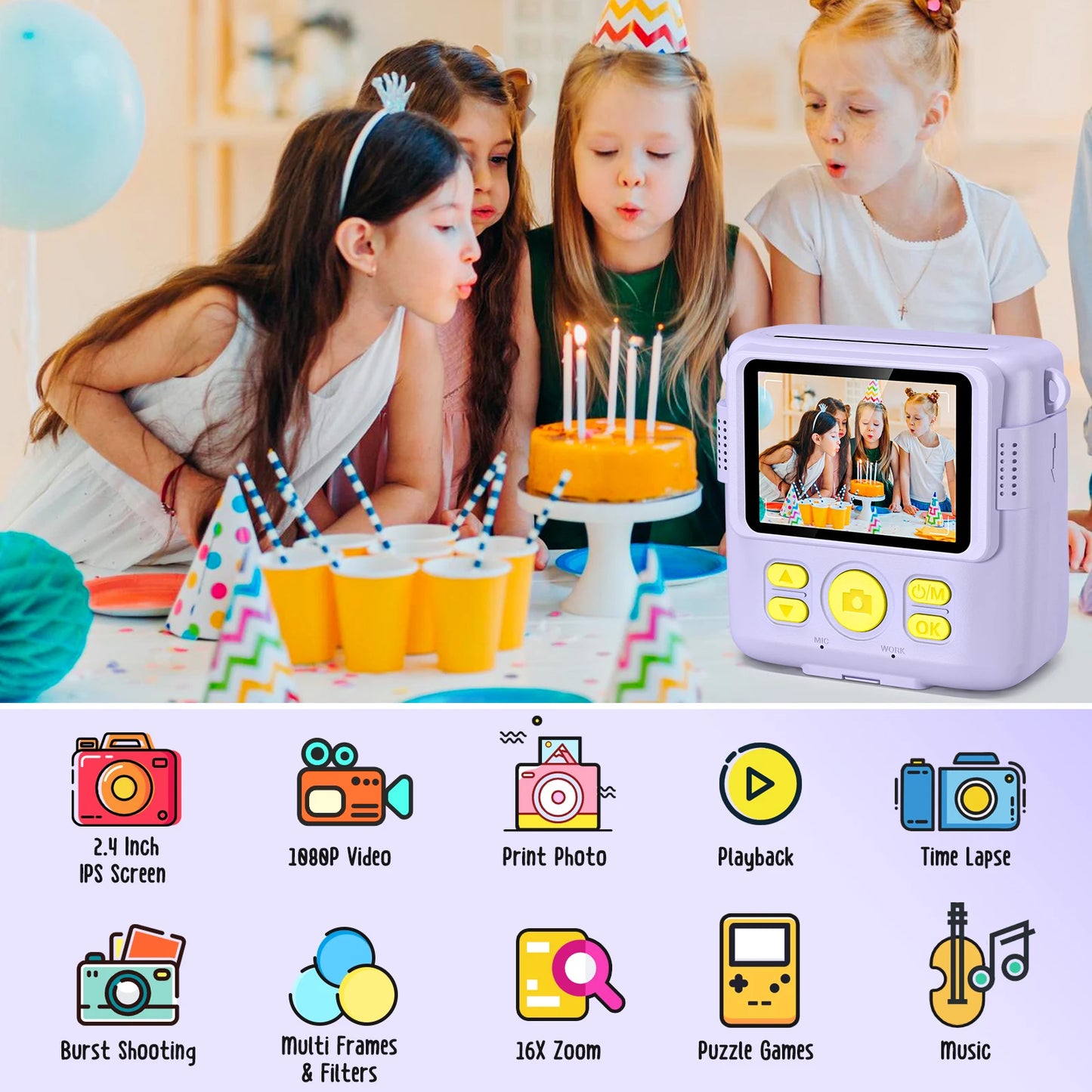 Kids Digital Camera 1080P HD Instant Print Portable Camera Toy with 32GB Card Gift for Boys and Girls Ages 3 to 12