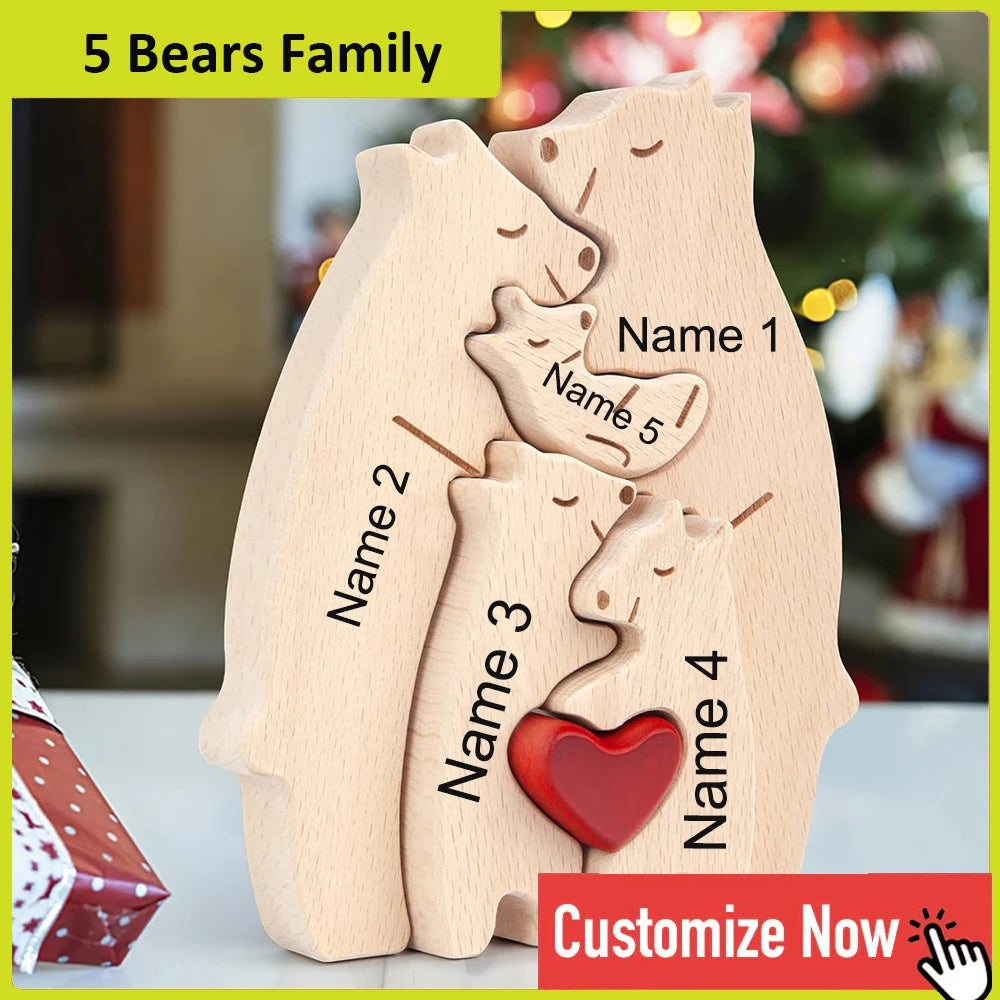 Personalized Custom Bear Family Wooden Puzzle DIY Free Engraving Name Desk Decor Figurine Christmas Birthday Gift