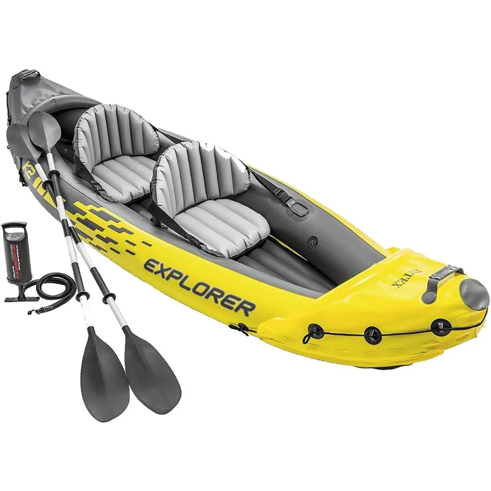 68307EP Explorer K2 Inflatable Kayak Set with Deluxe 86 Inch Aluminum Oars and High Output Pump Super Strong PVC
