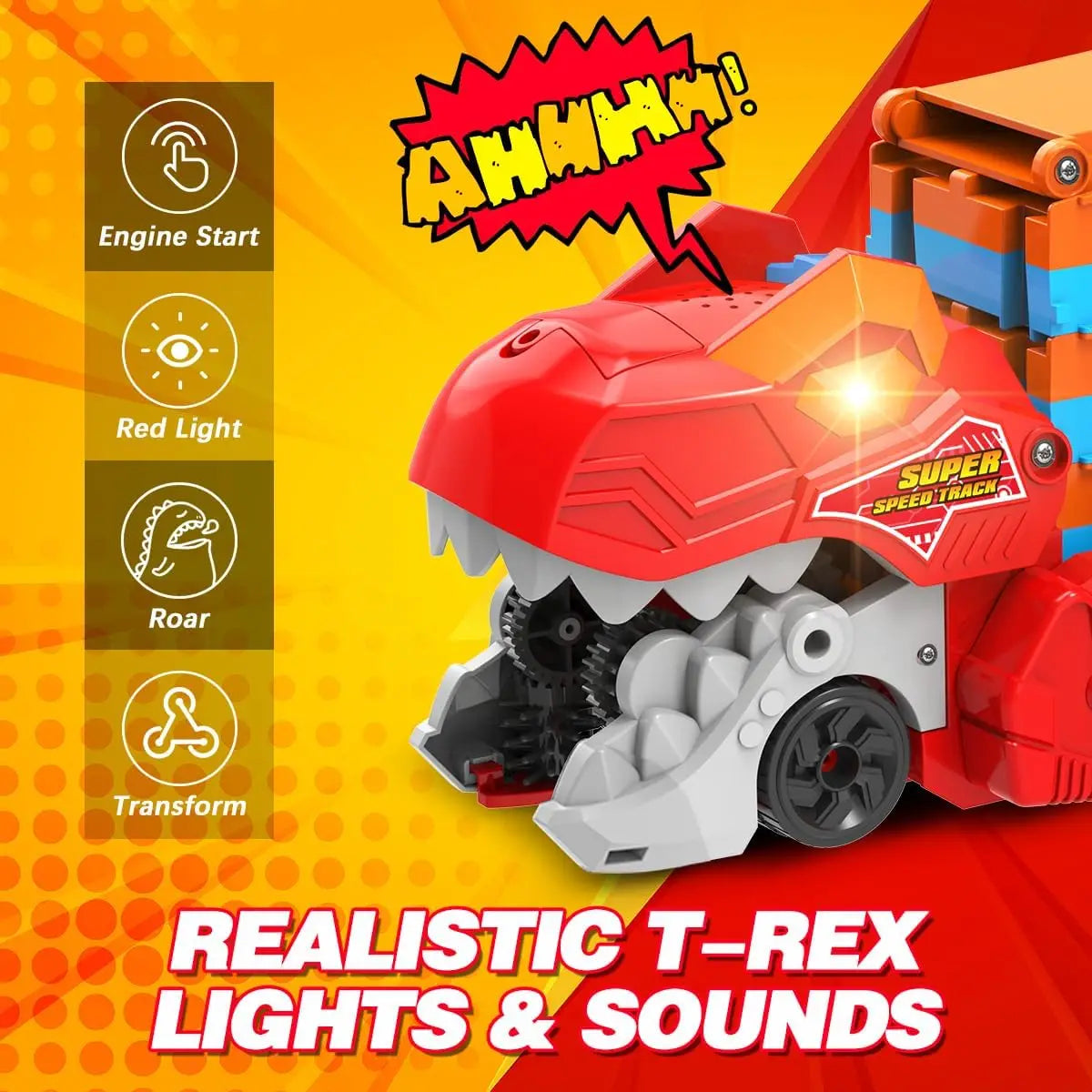 Dinosaur 3 In 1 Transport Truck Car Toys for Boys Age 3 Plus with 8 Race Cars Ejection Folding Portable Track Toy with Sound for Kids