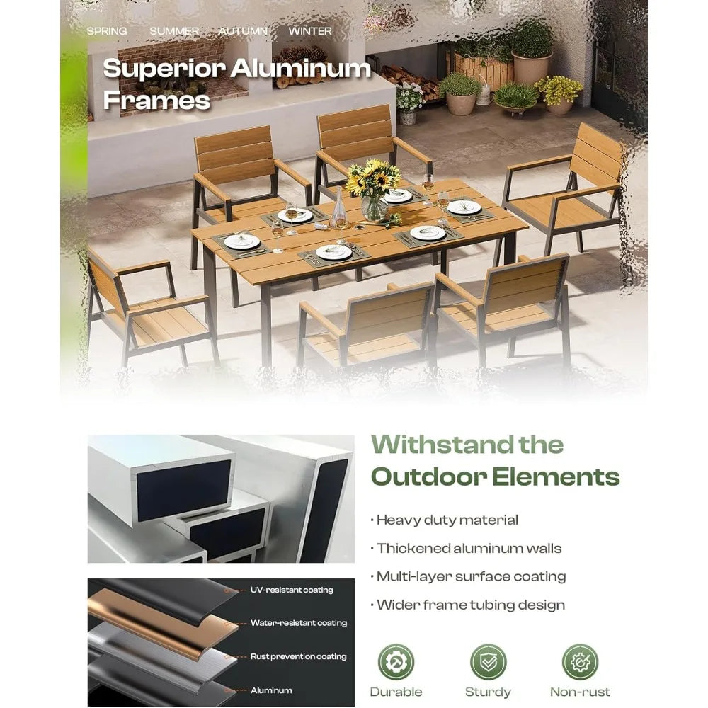 Outdoor Dining Set for 6 with Umbrella Hole 7 Pieces HDPS Patio Table and Chairs Set